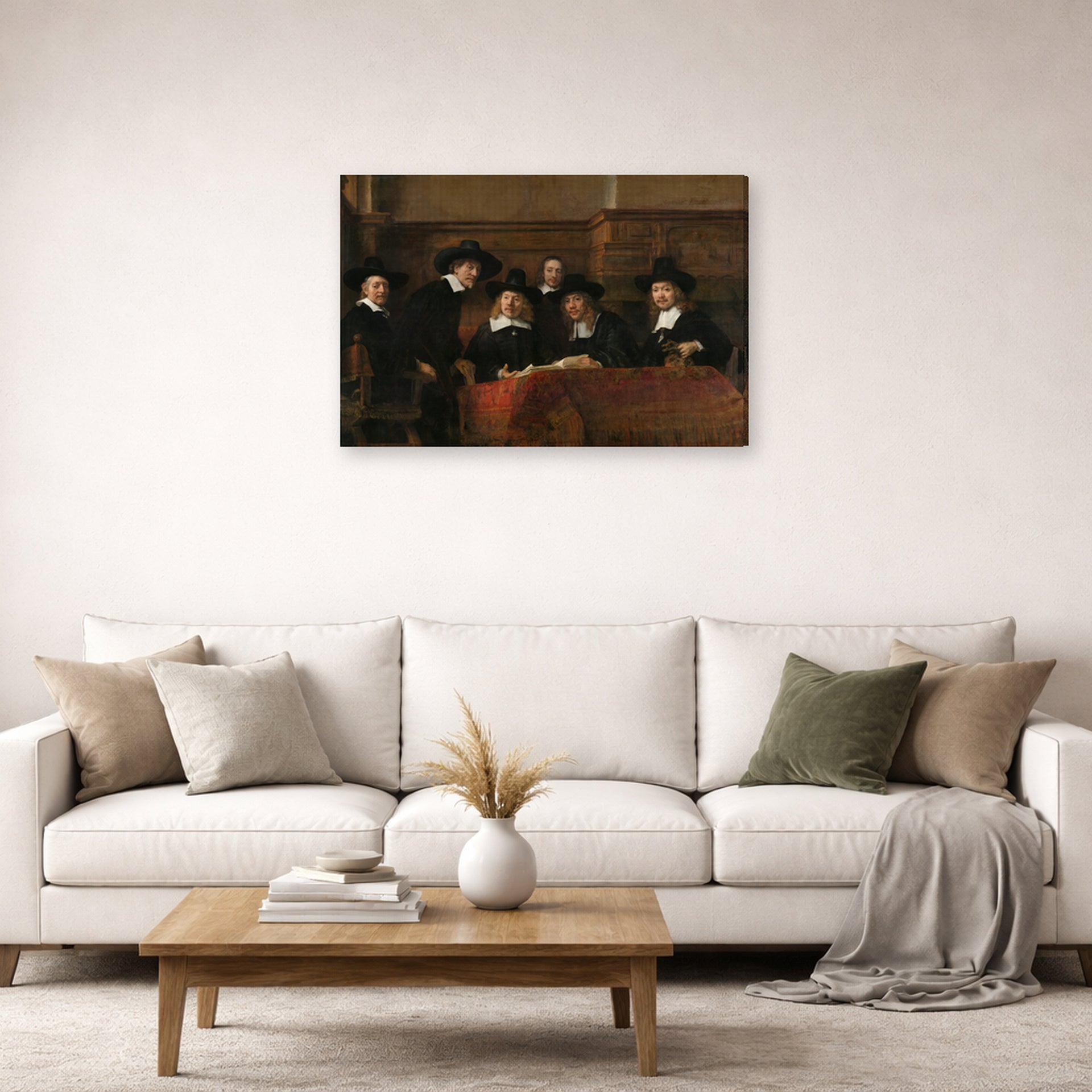 Gallery-wrapped canvas print of Rembrandt's The Sampling Officials displayed on a wall in a living room