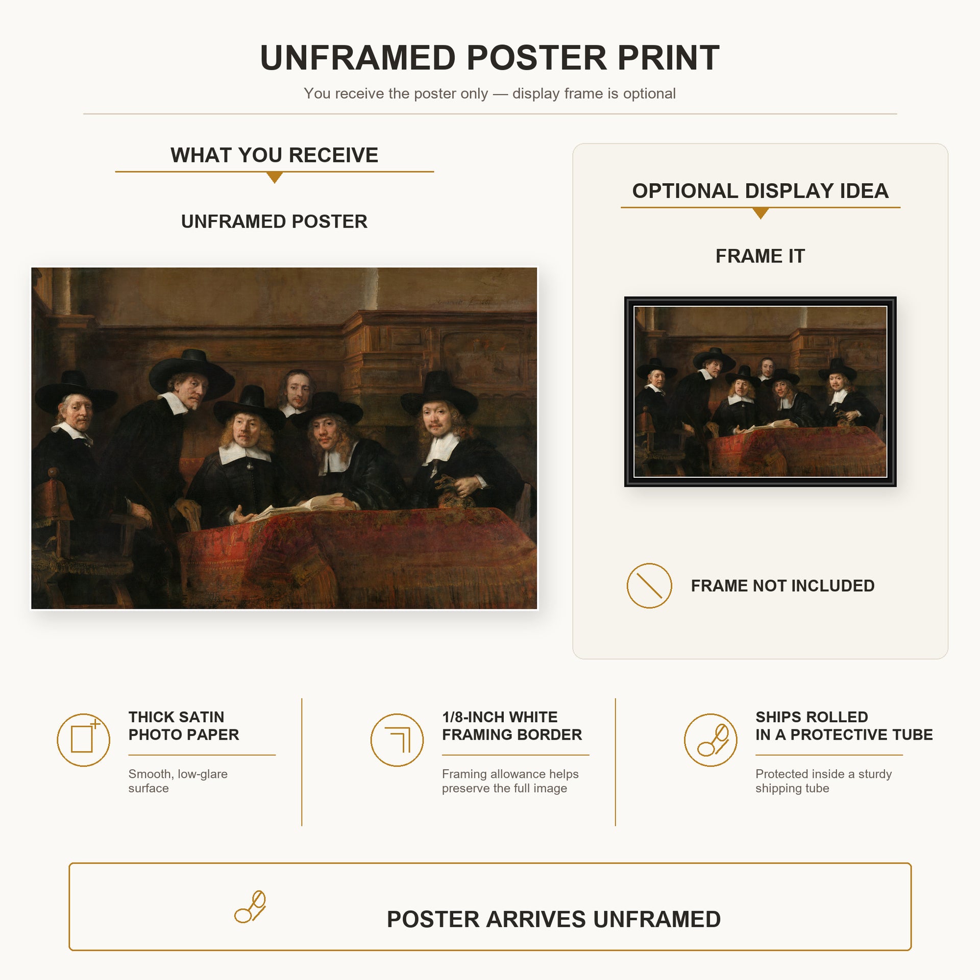 Rembrandt - The Sampling Officials poster print size comparison and framing display infographic