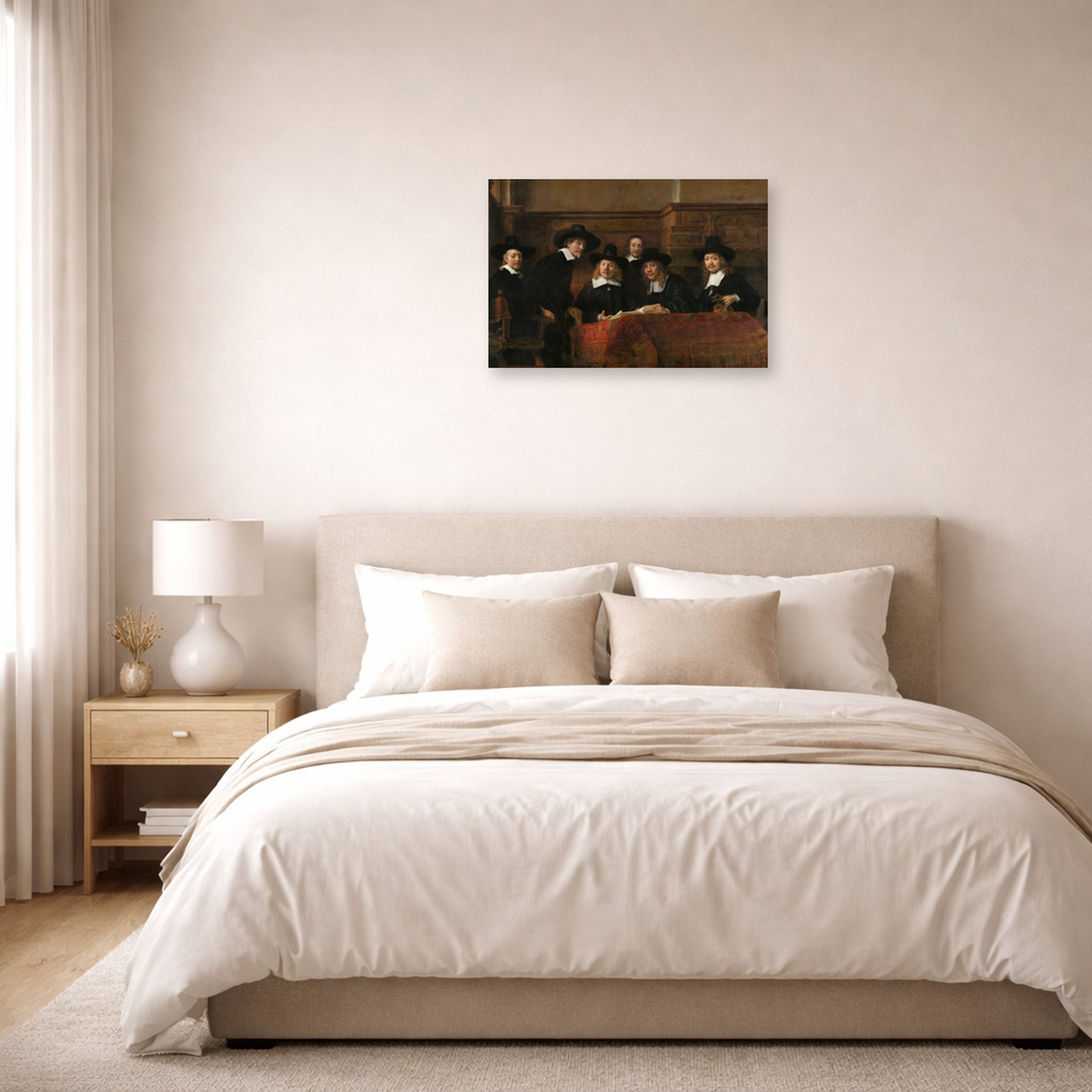Unframed poster print of Rembrandt's The Sampling Officials displayed on a wall in a bedroom