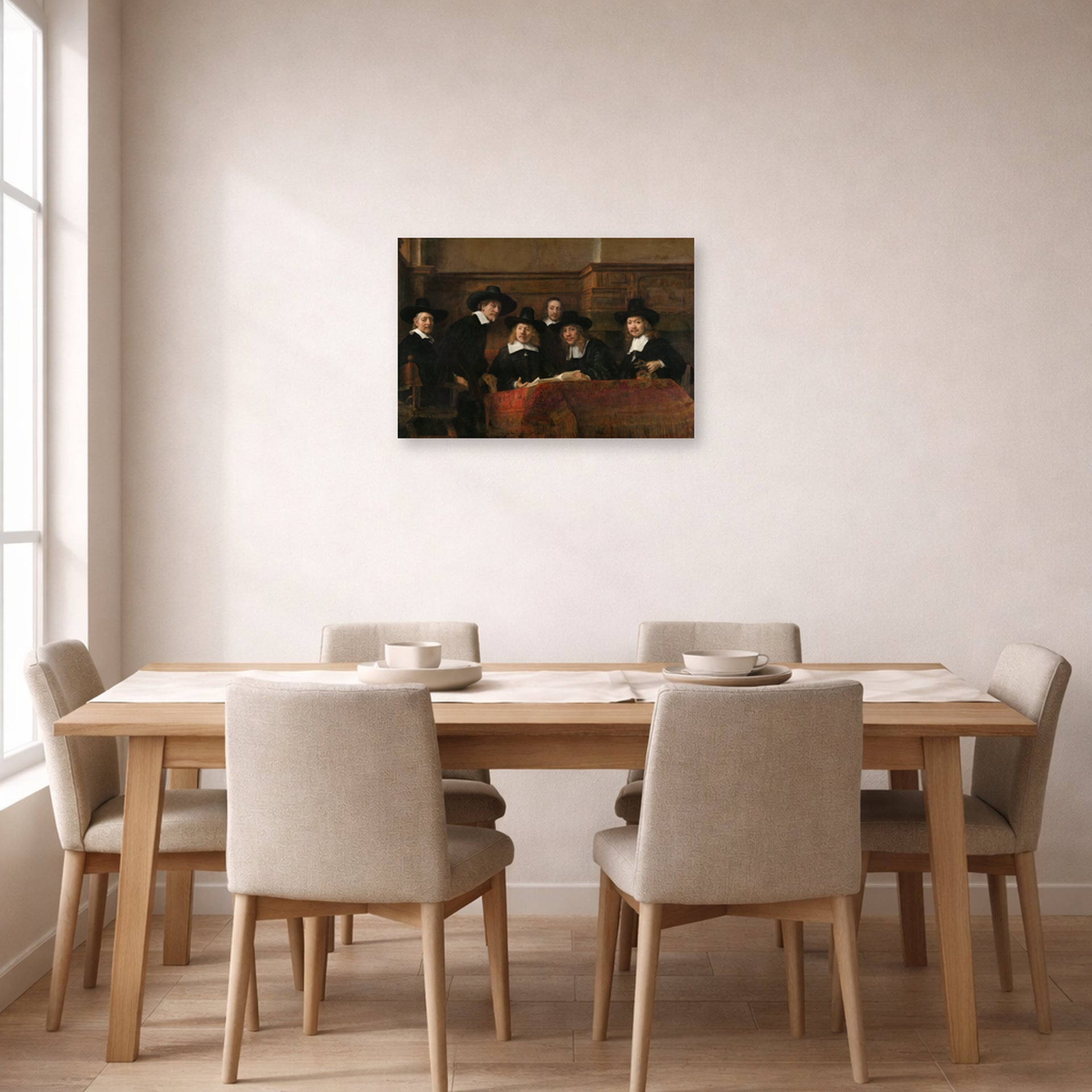 Unframed poster print of Rembrandt's The Sampling Officials displayed on a wall in a dining room
