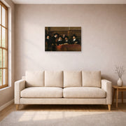 Unframed poster print of Rembrandt's The Sampling Officials displayed on a wall in a living room