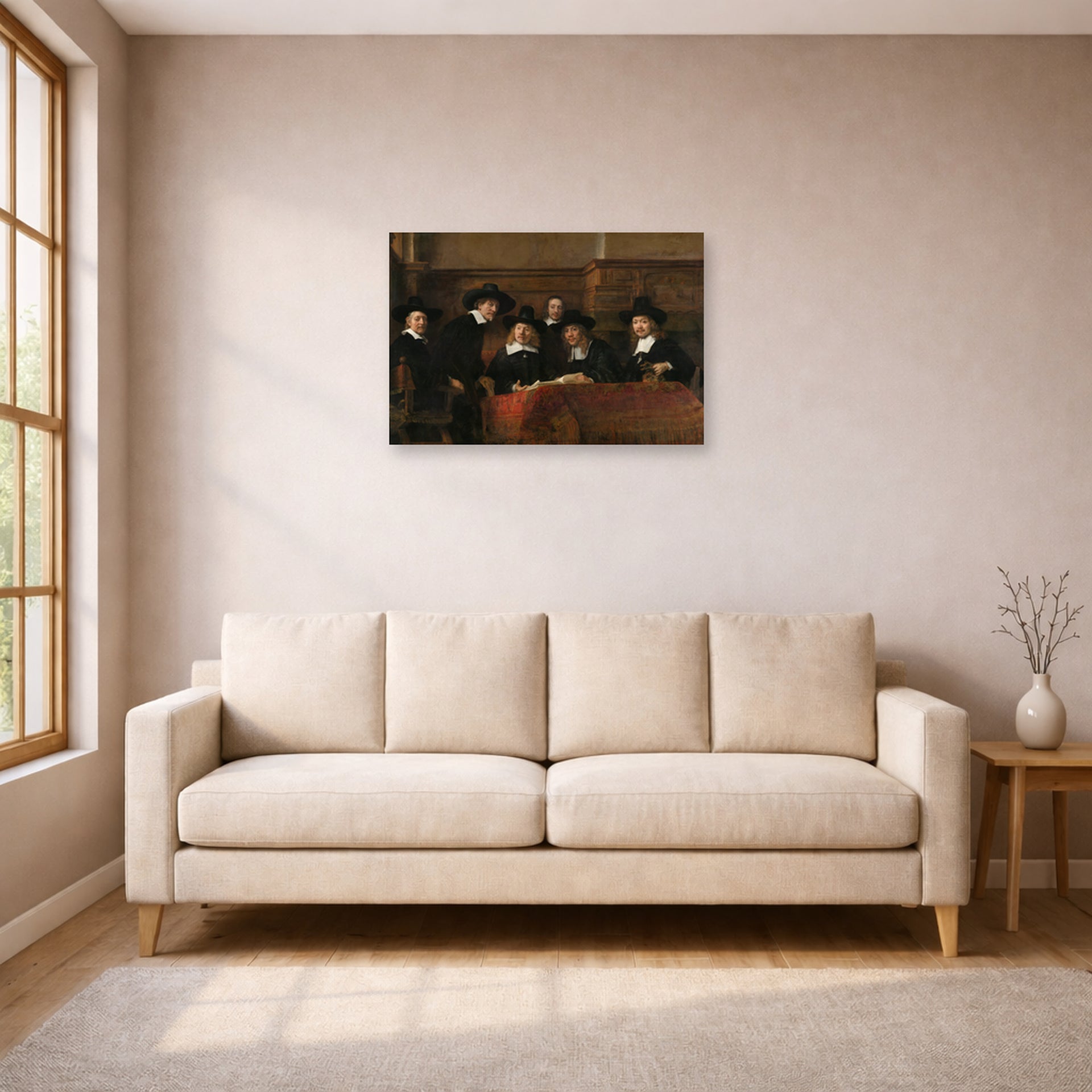 Unframed poster print of Rembrandt's The Sampling Officials displayed on a wall in a living room