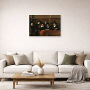Unframed poster print of Rembrandt's The Sampling Officials displayed on a wall in a living room