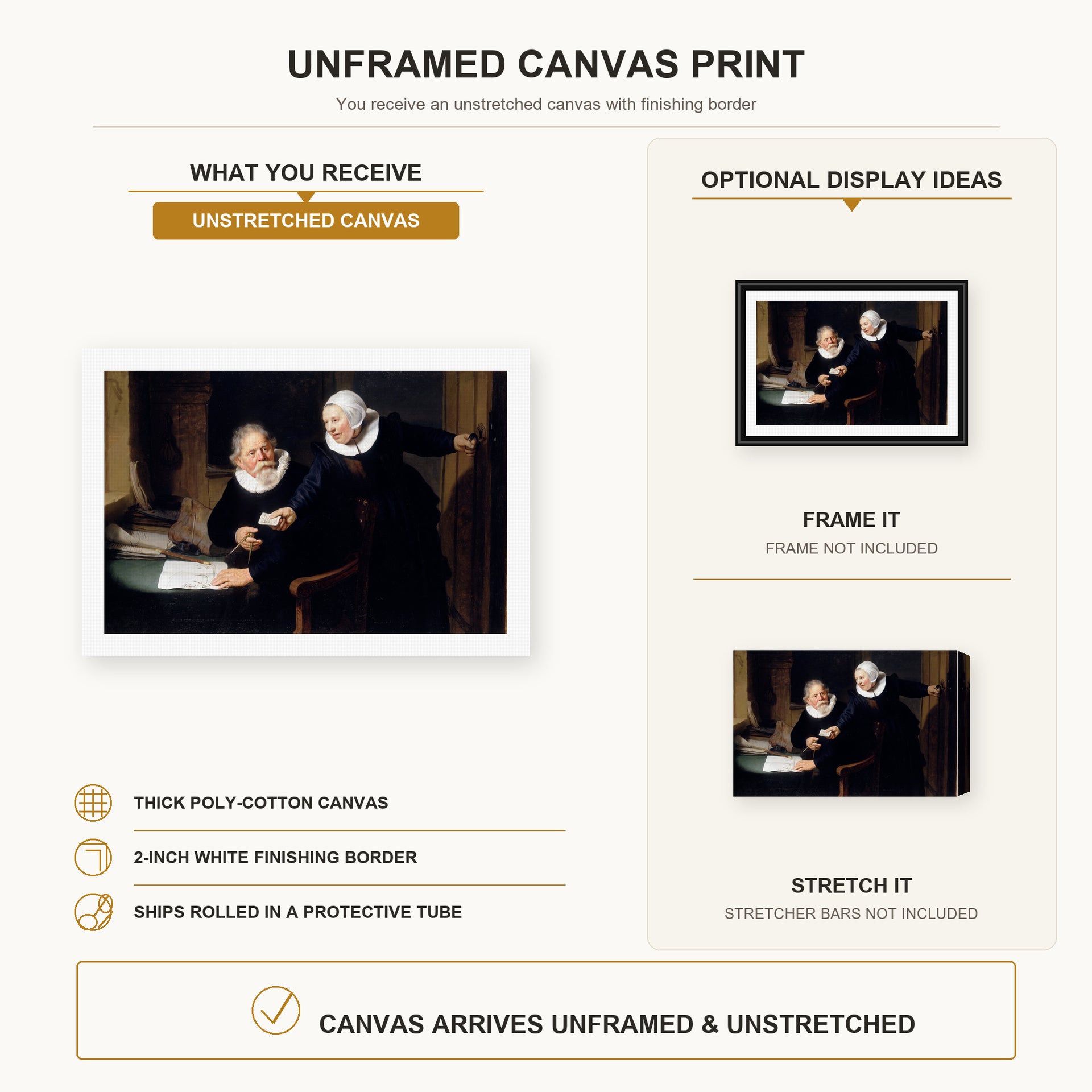 Rembrandt - The Shipbuilder and His Wife canvas print size comparison and framing display infographic