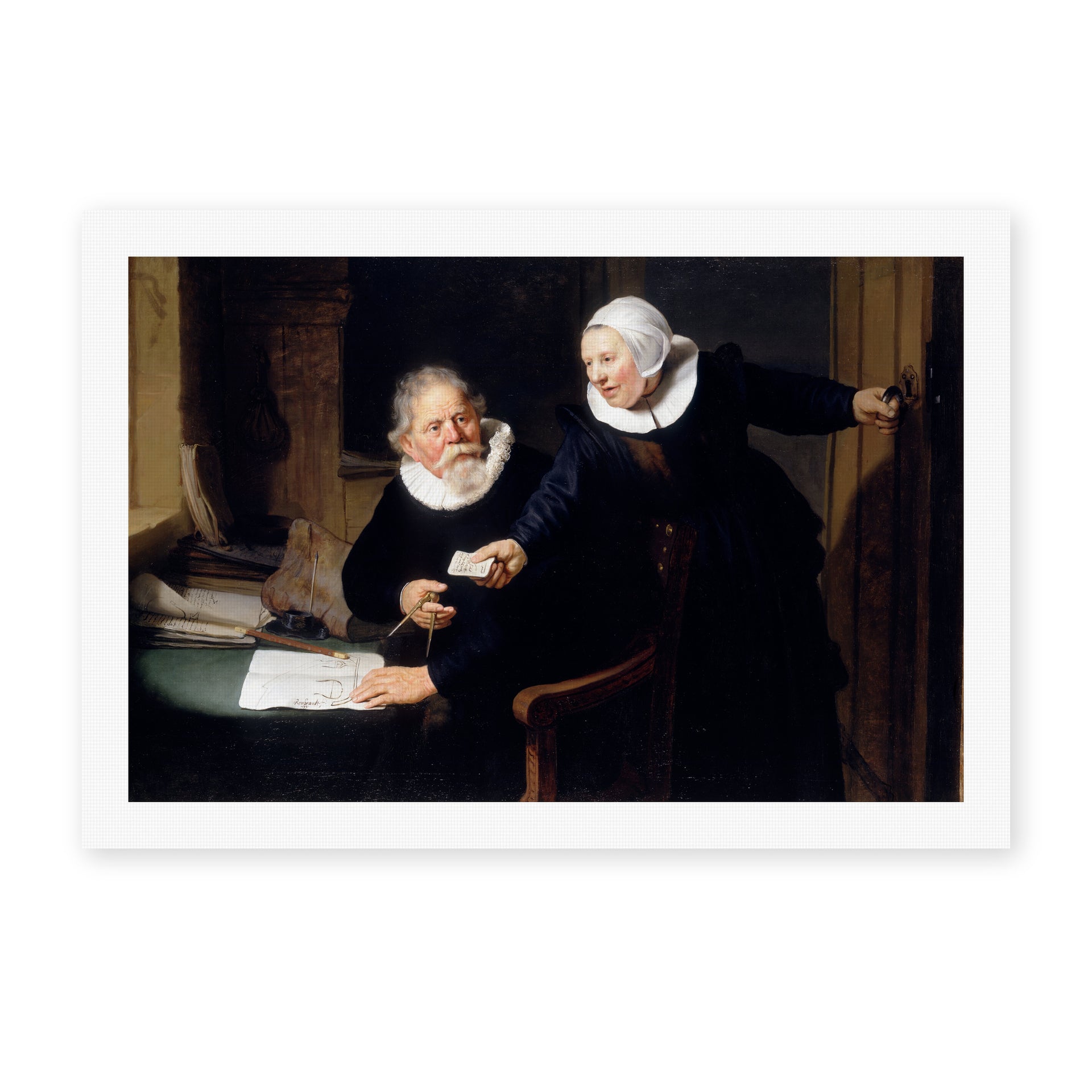 Rembrandt's 'The Shipbuilder and His Wife' painting reproduced as a rolled canvas print