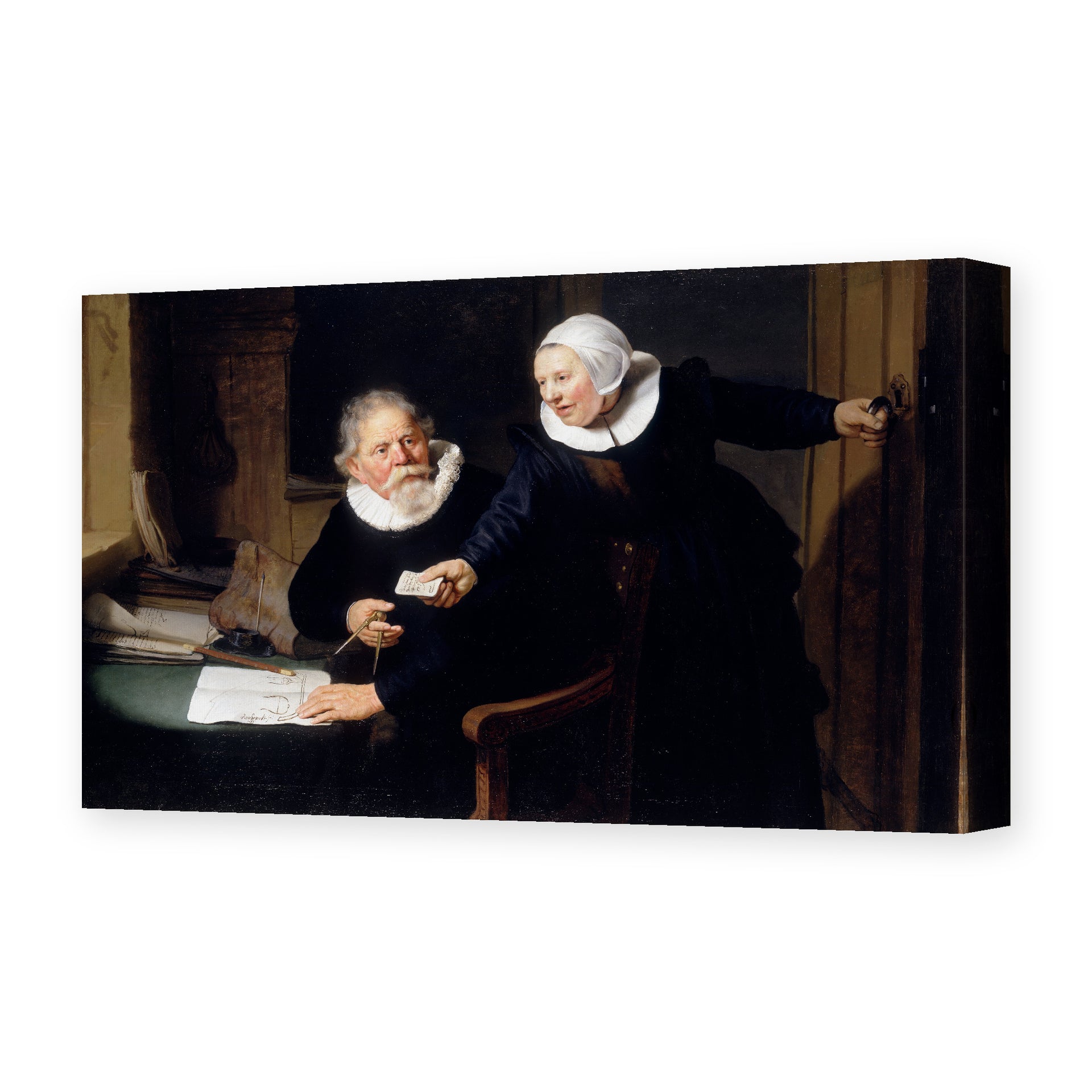 Rembrandt's 'The Shipbuilder and His Wife' painting reproduced as a gallery-wrapped canvas print