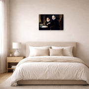 Gallery-wrapped canvas print of Rembrandt's The Shipbuilder and His Wife displayed on a wall in a bedroom