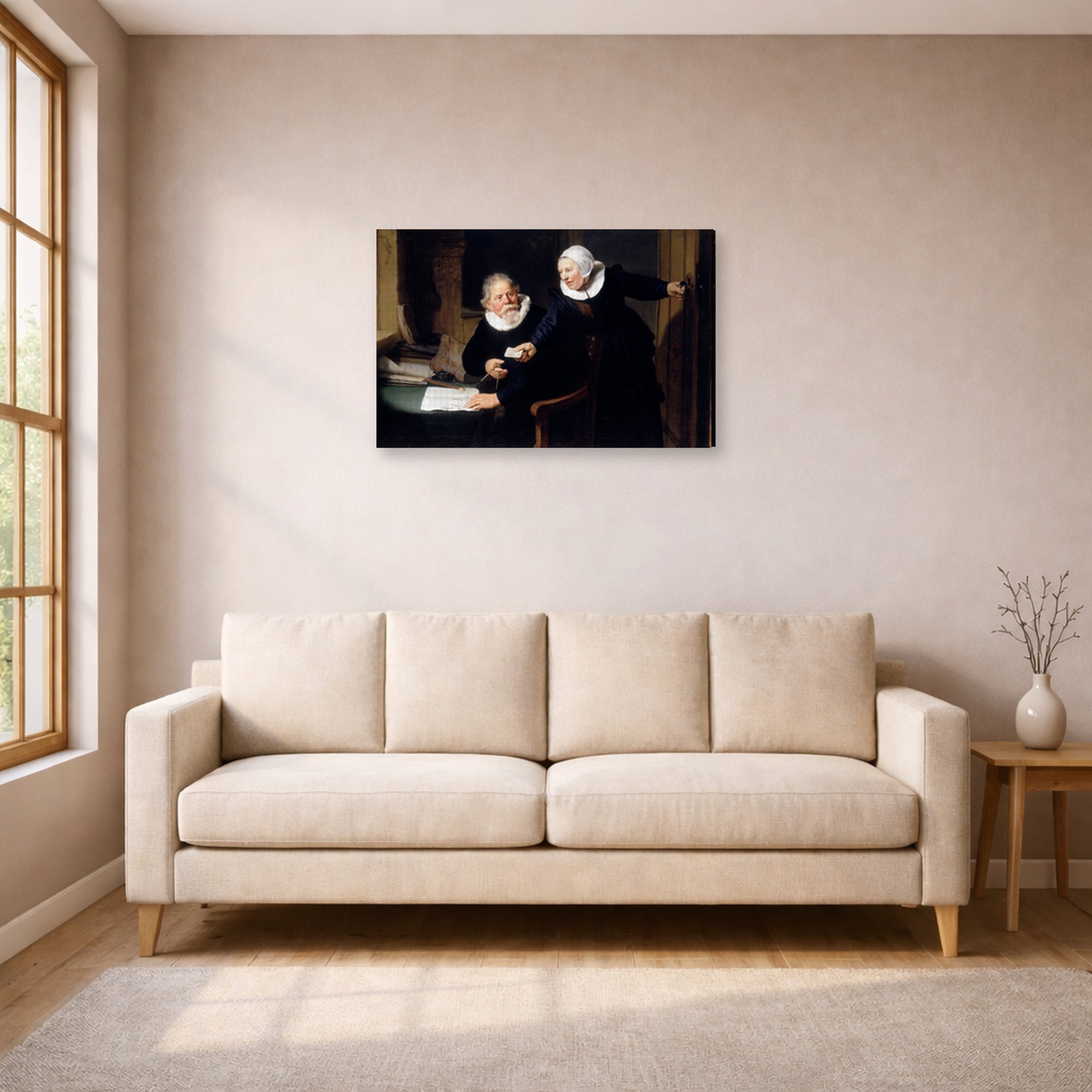 Gallery-wrapped canvas print of Rembrandt's The Shipbuilder and His Wife displayed on a wall in a living room