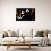 Gallery-wrapped canvas print of Rembrandt's The Shipbuilder and His Wife displayed on a wall in a living room