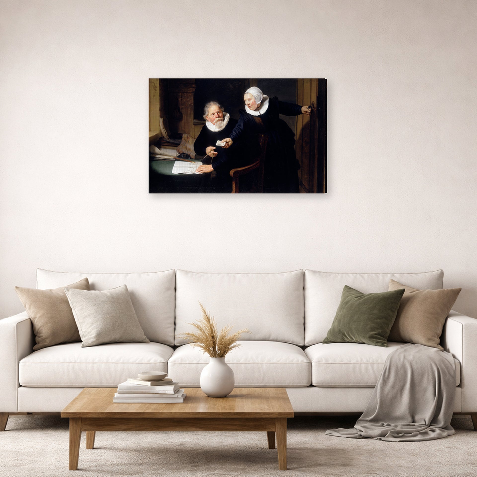 Gallery-wrapped canvas print of Rembrandt's The Shipbuilder and His Wife displayed on a wall in a living room