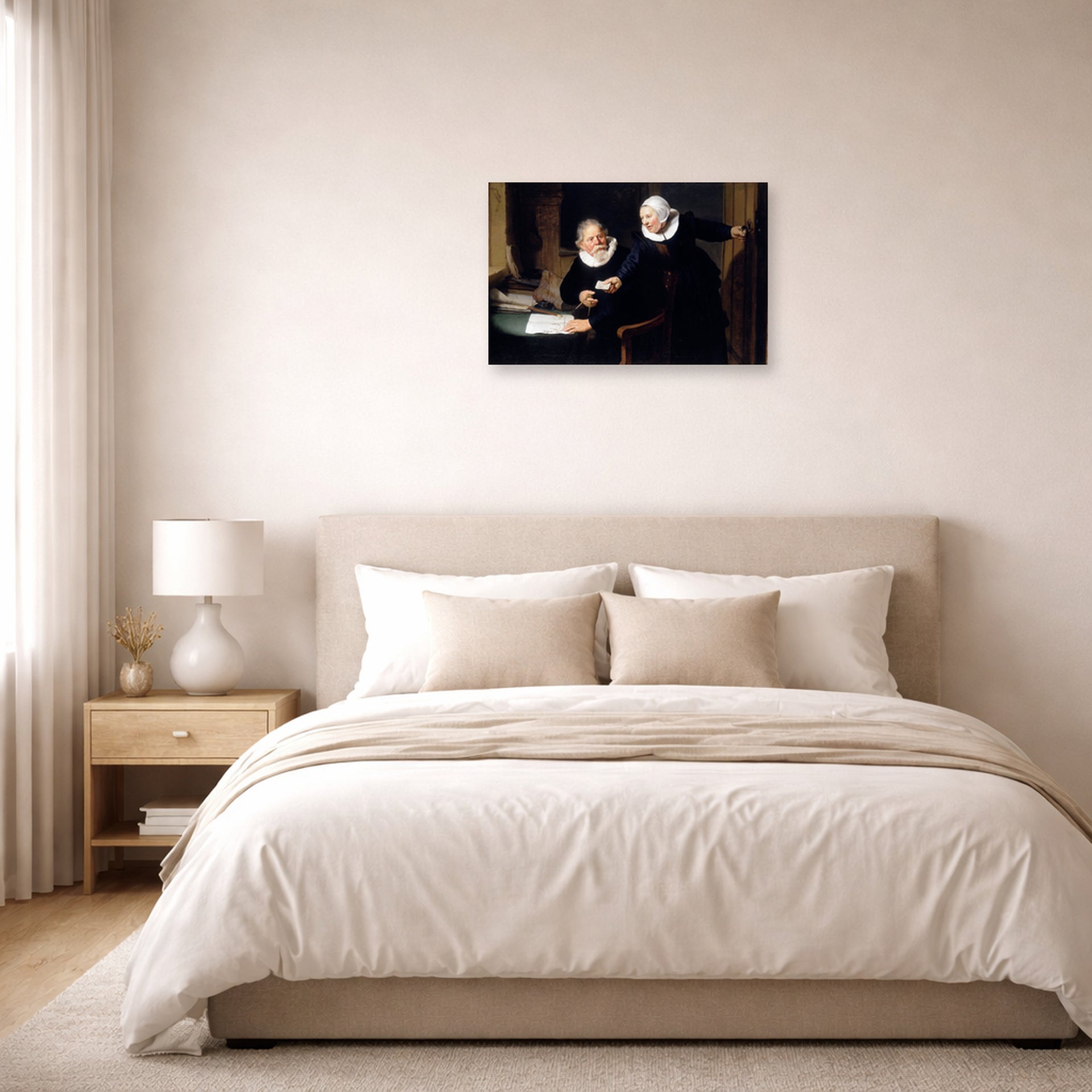 Unframed poster print of Rembrandt's The Shipbuilder and His Wife displayed on a wall in a bedroom