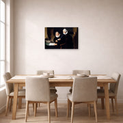 Unframed poster print of Rembrandt's The Shipbuilder and His Wife displayed on a wall in a dining room
