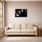 Unframed poster print of Rembrandt's The Shipbuilder and His Wife displayed on a wall in a living room