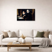 Unframed poster print of Rembrandt's The Shipbuilder and His Wife displayed on a wall in a living room