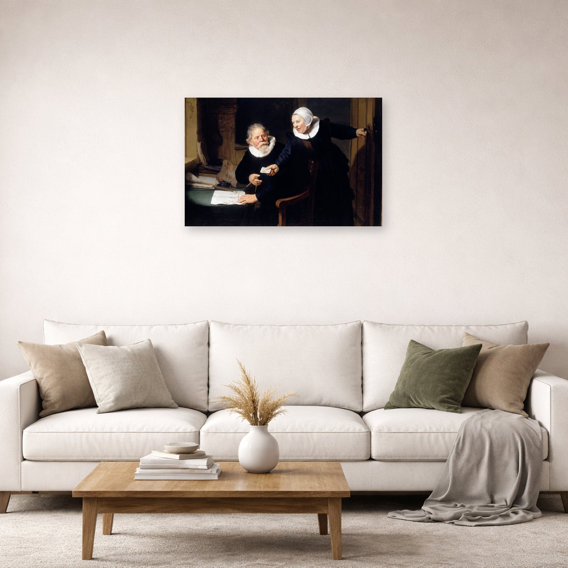 Unframed poster print of Rembrandt's The Shipbuilder and His Wife displayed on a wall in a living room