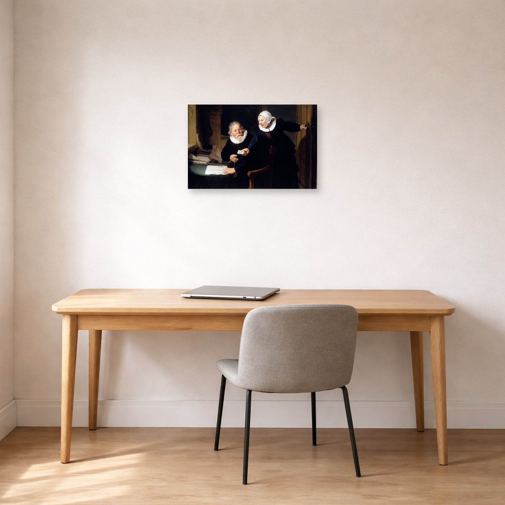 Unframed poster print of Rembrandt's The Shipbuilder and His Wife displayed on a wall in an office
