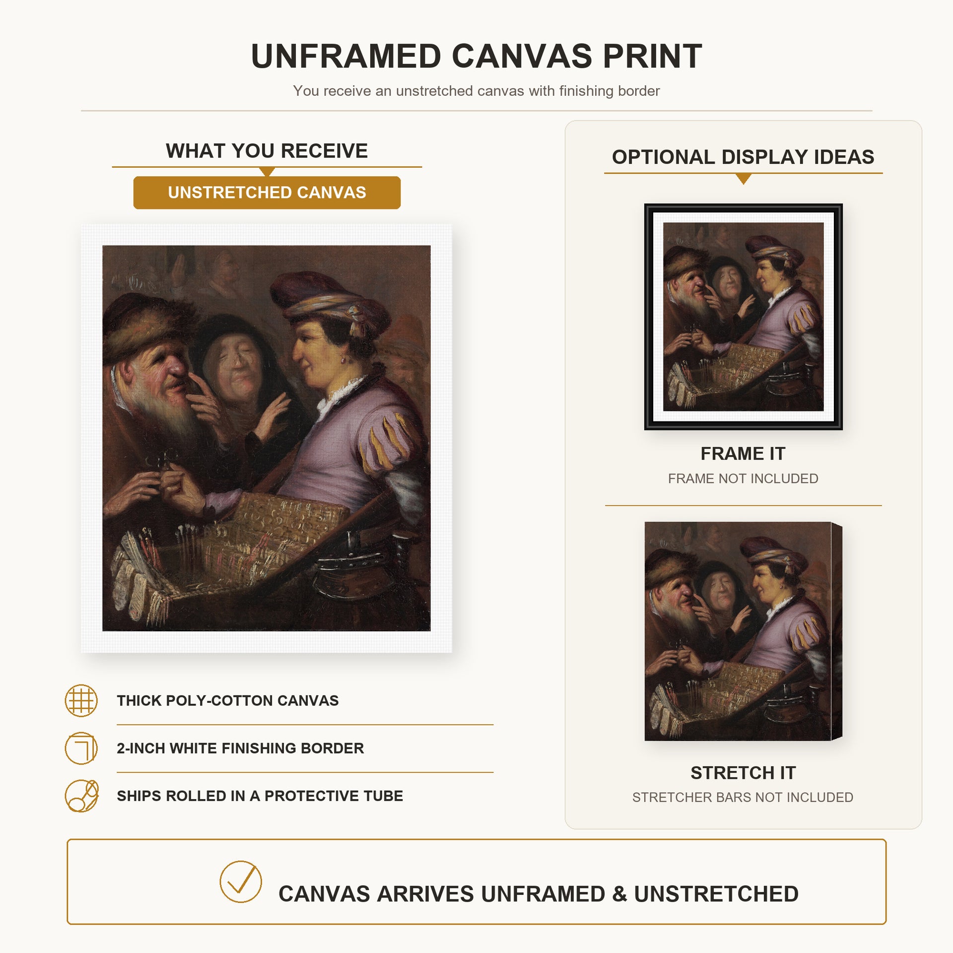 Rembrandt - The Spectacle Pedlar (allegory of Sight) canvas print size comparison and framing display infographic