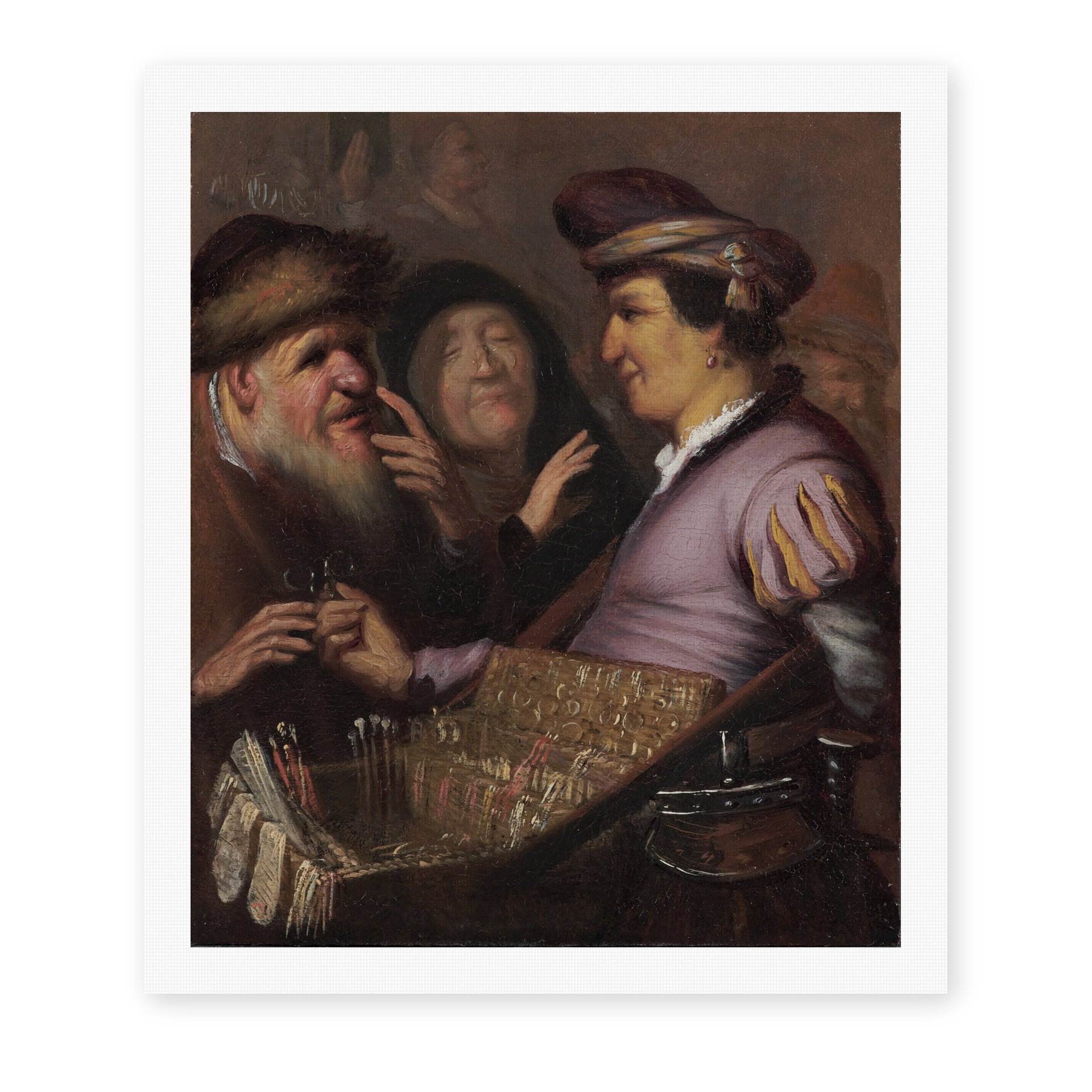Rembrandt's 'The Spectacle Pedlar (allegory of Sight)' painting reproduced as a rolled canvas print