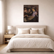 Gallery-wrapped canvas print of Rembrandt's The Spectacle Pedlar (allegory of Sight) displayed on a wall in a bedroom