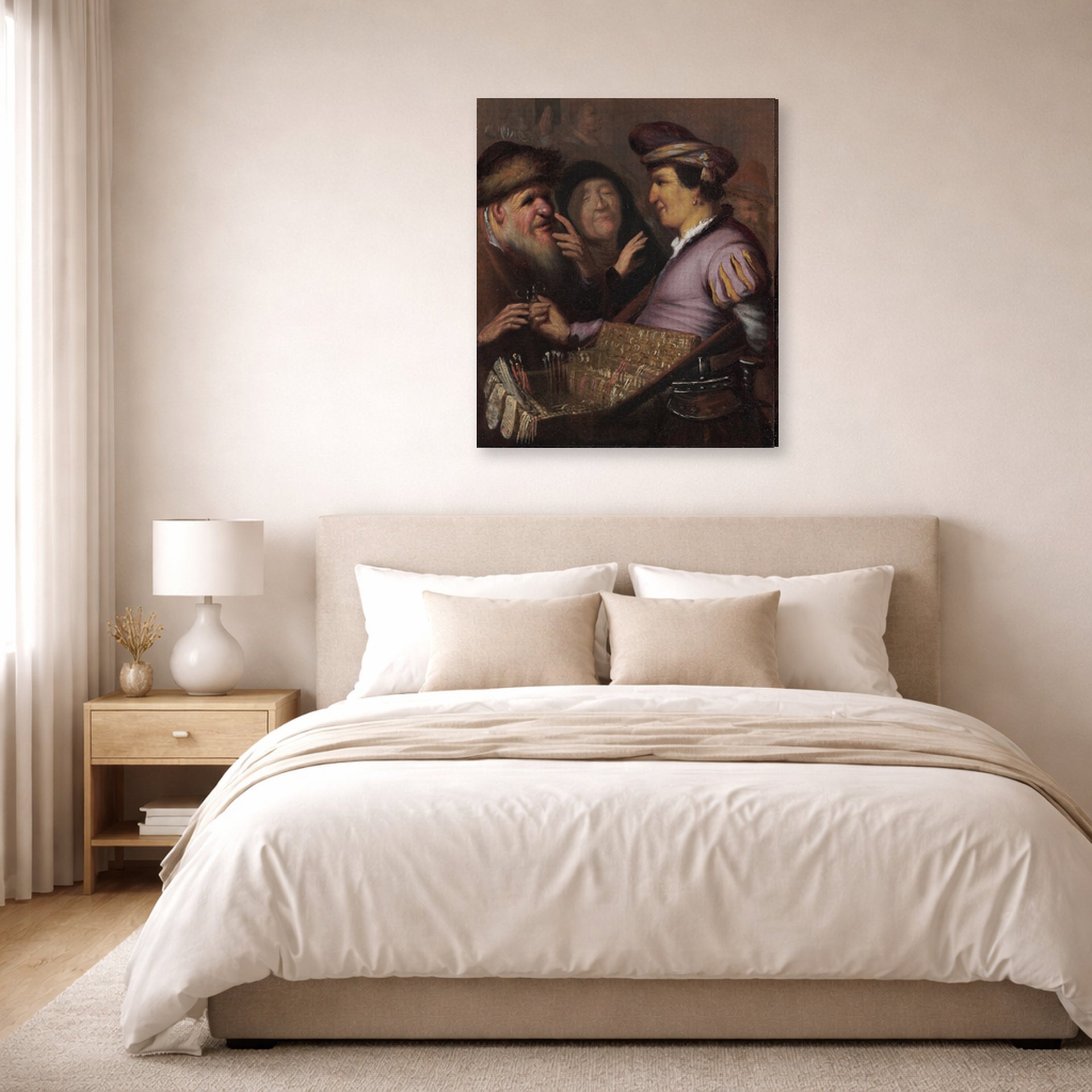 Gallery-wrapped canvas print of Rembrandt's The Spectacle Pedlar (allegory of Sight) displayed on a wall in a bedroom