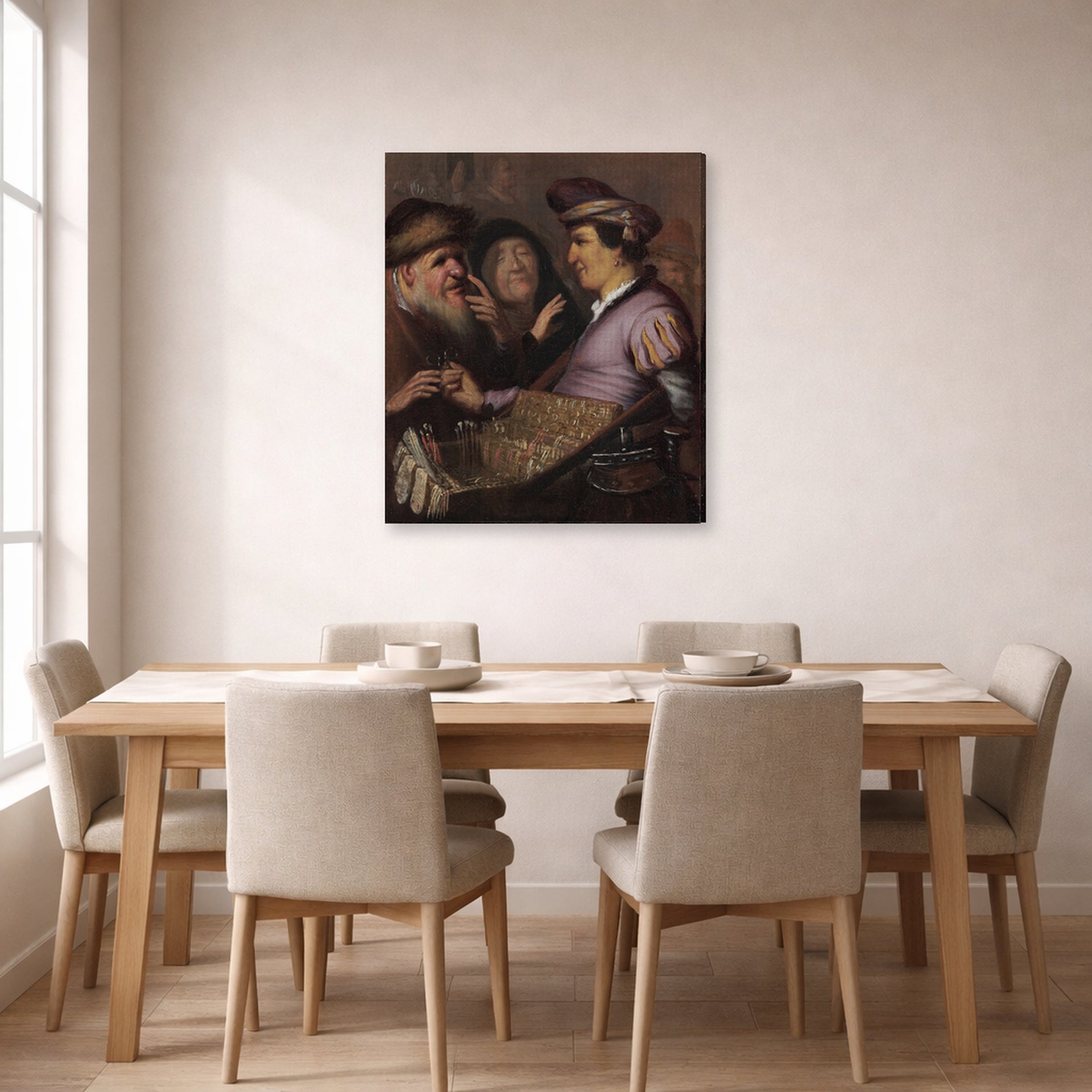 Gallery-wrapped canvas print of Rembrandt's The Spectacle Pedlar (allegory of Sight) displayed on a wall in a dining room