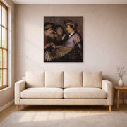 Gallery-wrapped canvas print of Rembrandt's The Spectacle Pedlar (allegory of Sight) displayed on a wall in a living room