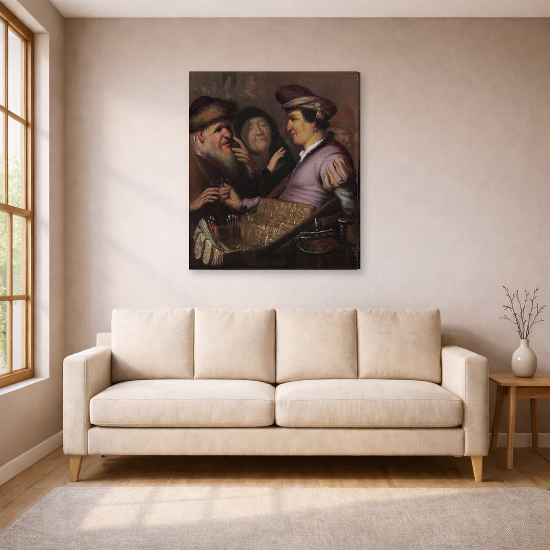 Gallery-wrapped canvas print of Rembrandt's The Spectacle Pedlar (allegory of Sight) displayed on a wall in a living room