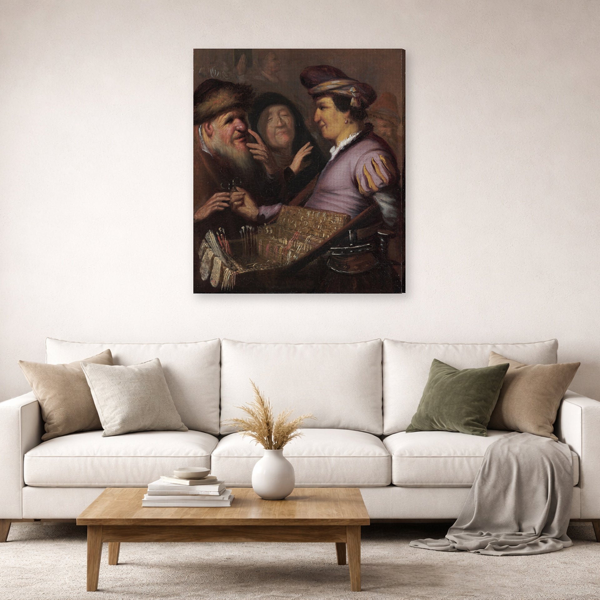 Gallery-wrapped canvas print of Rembrandt's The Spectacle Pedlar (allegory of Sight) displayed on a wall in a living room