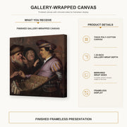 Rembrandt - The Spectacle Pedlar (allegory of Sight) gallery wrap canvas construction and hanging details infographic