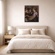 Unframed poster print of Rembrandt's The Spectacle Pedlar (allegory of Sight) displayed on a wall in a bedroom