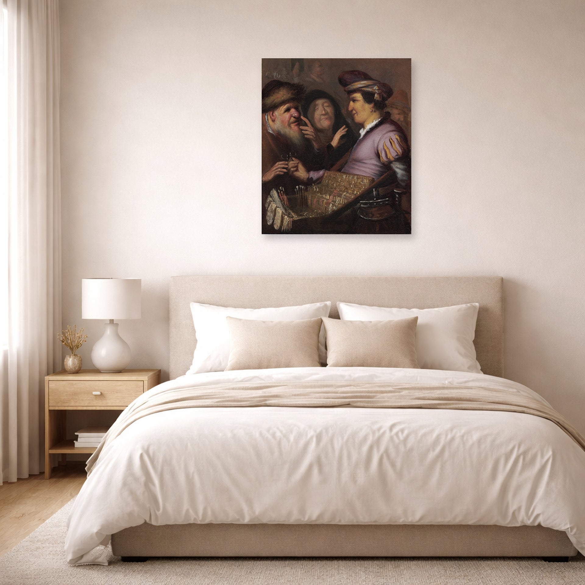 Unframed poster print of Rembrandt's The Spectacle Pedlar (allegory of Sight) displayed on a wall in a bedroom