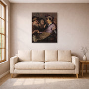Unframed poster print of Rembrandt's The Spectacle Pedlar (allegory of Sight) displayed on a wall in a living room