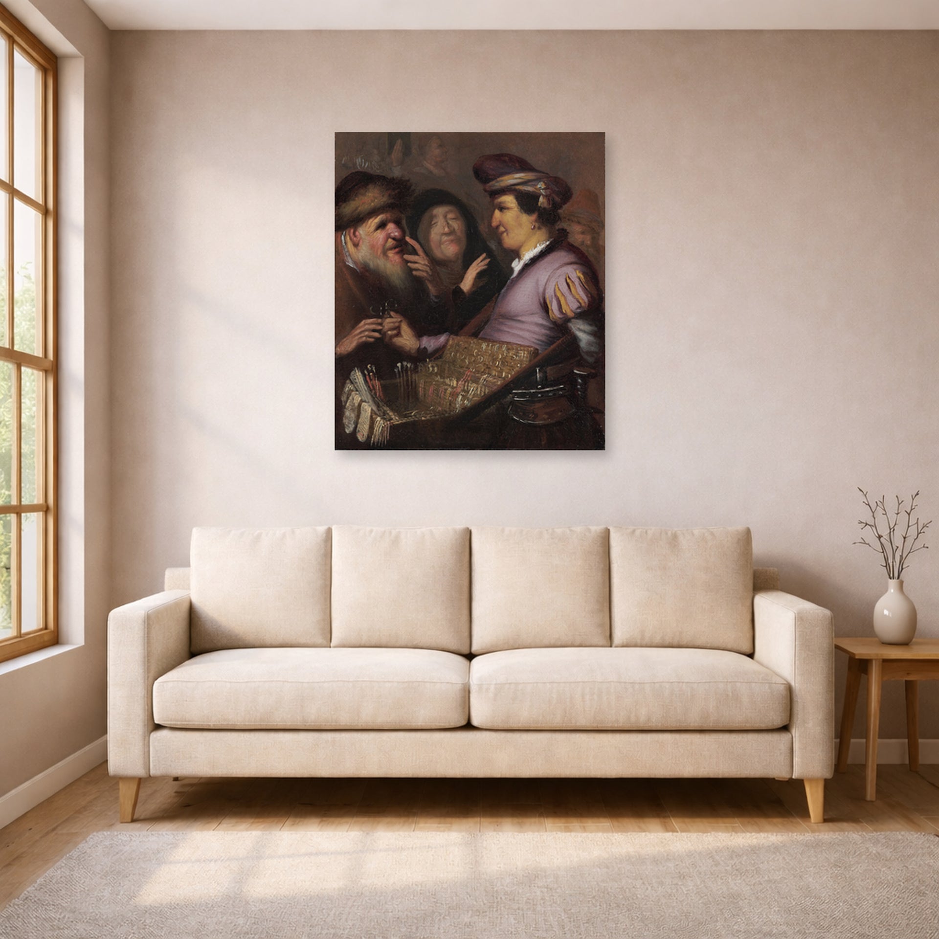 Unframed poster print of Rembrandt's The Spectacle Pedlar (allegory of Sight) displayed on a wall in a living room