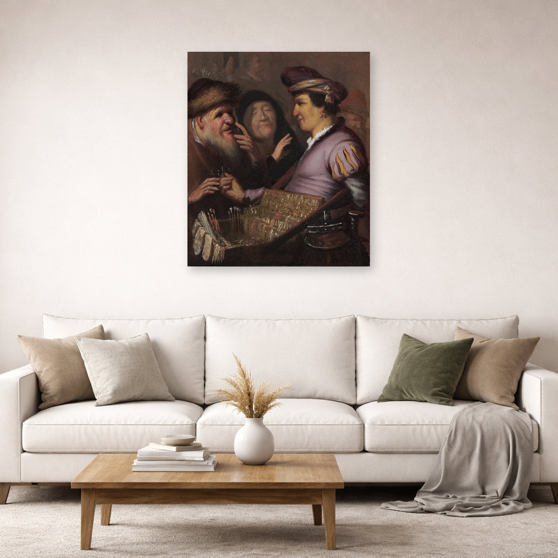 Unframed poster print of Rembrandt's The Spectacle Pedlar (allegory of Sight) displayed on a wall in a living room