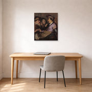 Unframed poster print of Rembrandt's The Spectacle Pedlar (allegory of Sight) displayed on a wall in an office