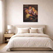 Gallery-wrapped canvas print of Rembrandt's The Stone Operation (allegory of Touch) displayed on a wall in a bedroom