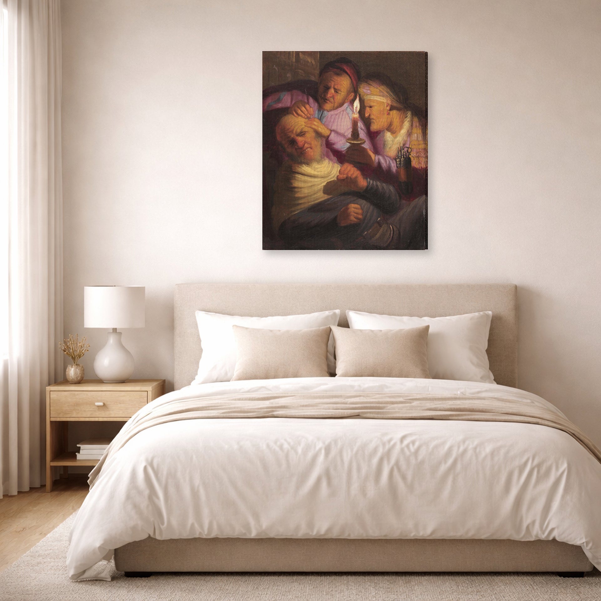 Gallery-wrapped canvas print of Rembrandt's The Stone Operation (allegory of Touch) displayed on a wall in a bedroom