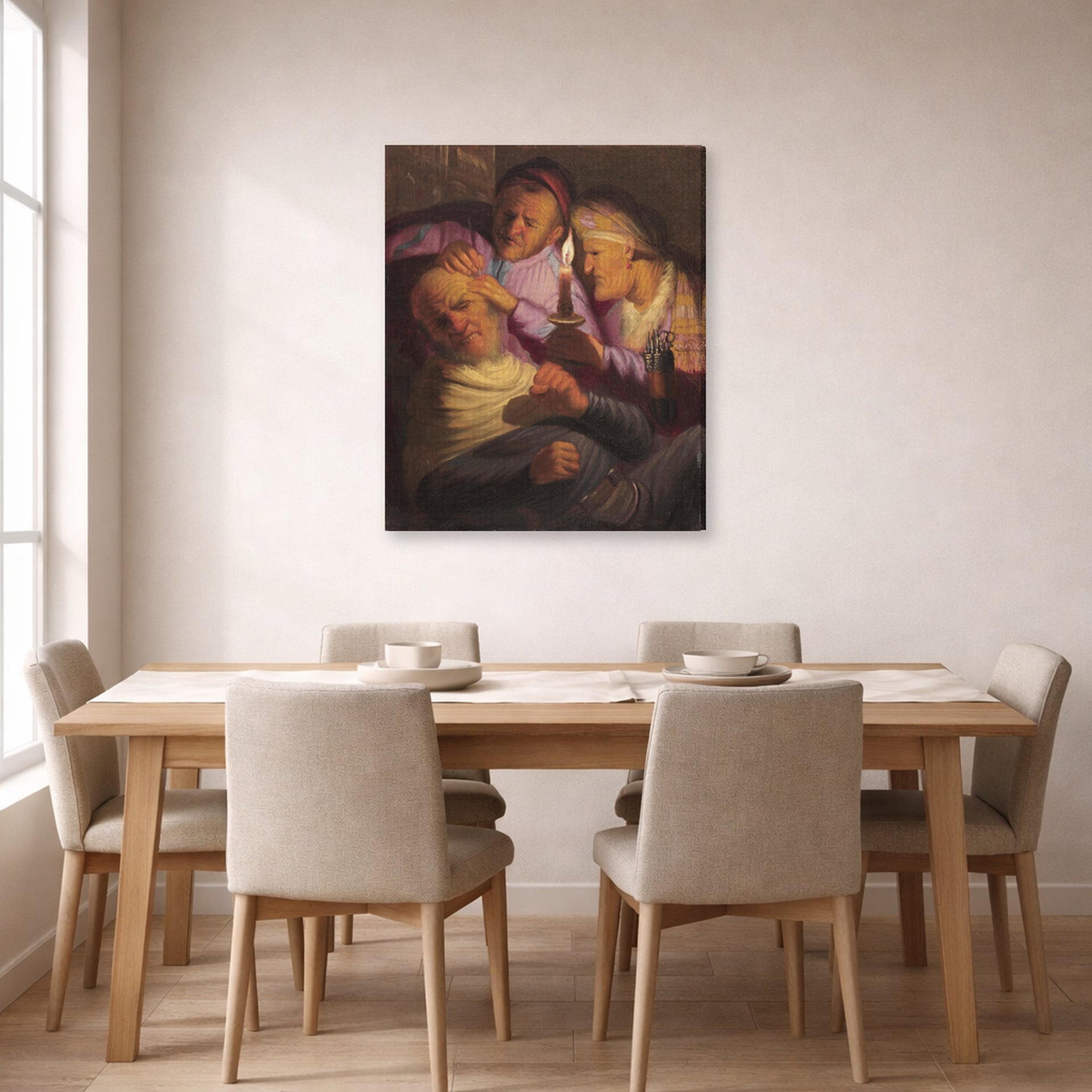 Gallery-wrapped canvas print of Rembrandt's The Stone Operation (allegory of Touch) displayed on a wall in a dining room