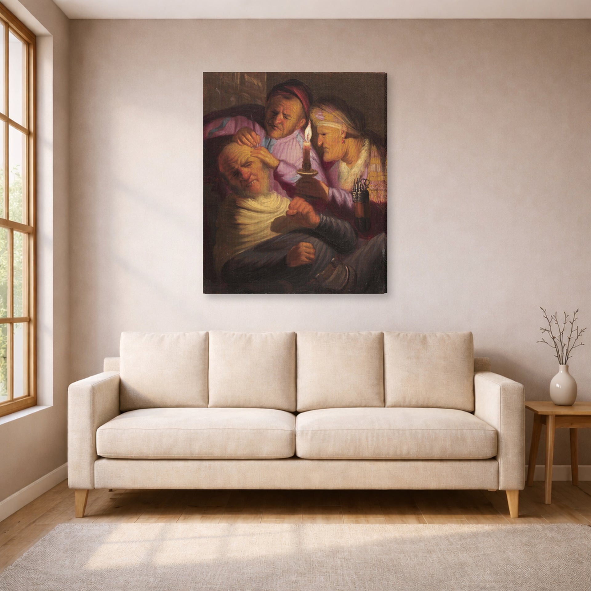 Gallery-wrapped canvas print of Rembrandt's The Stone Operation (allegory of Touch) displayed on a wall in a living room