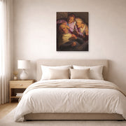 Unframed poster print of Rembrandt's The Stone Operation (allegory of Touch) displayed on a wall in a bedroom