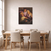 Unframed poster print of Rembrandt's The Stone Operation (allegory of Touch) displayed on a wall in a dining room