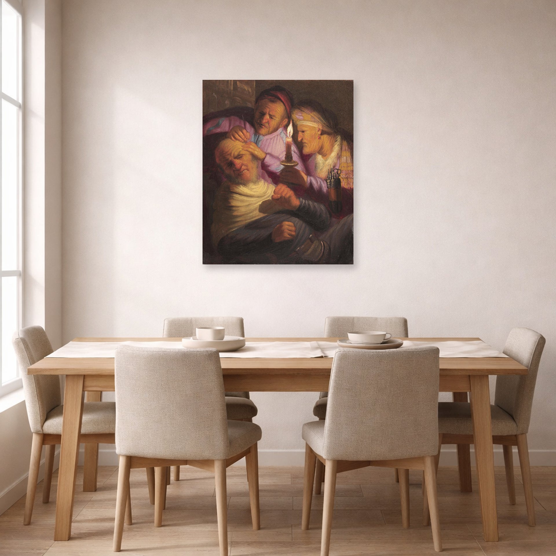 Unframed poster print of Rembrandt's The Stone Operation (allegory of Touch) displayed on a wall in a dining room