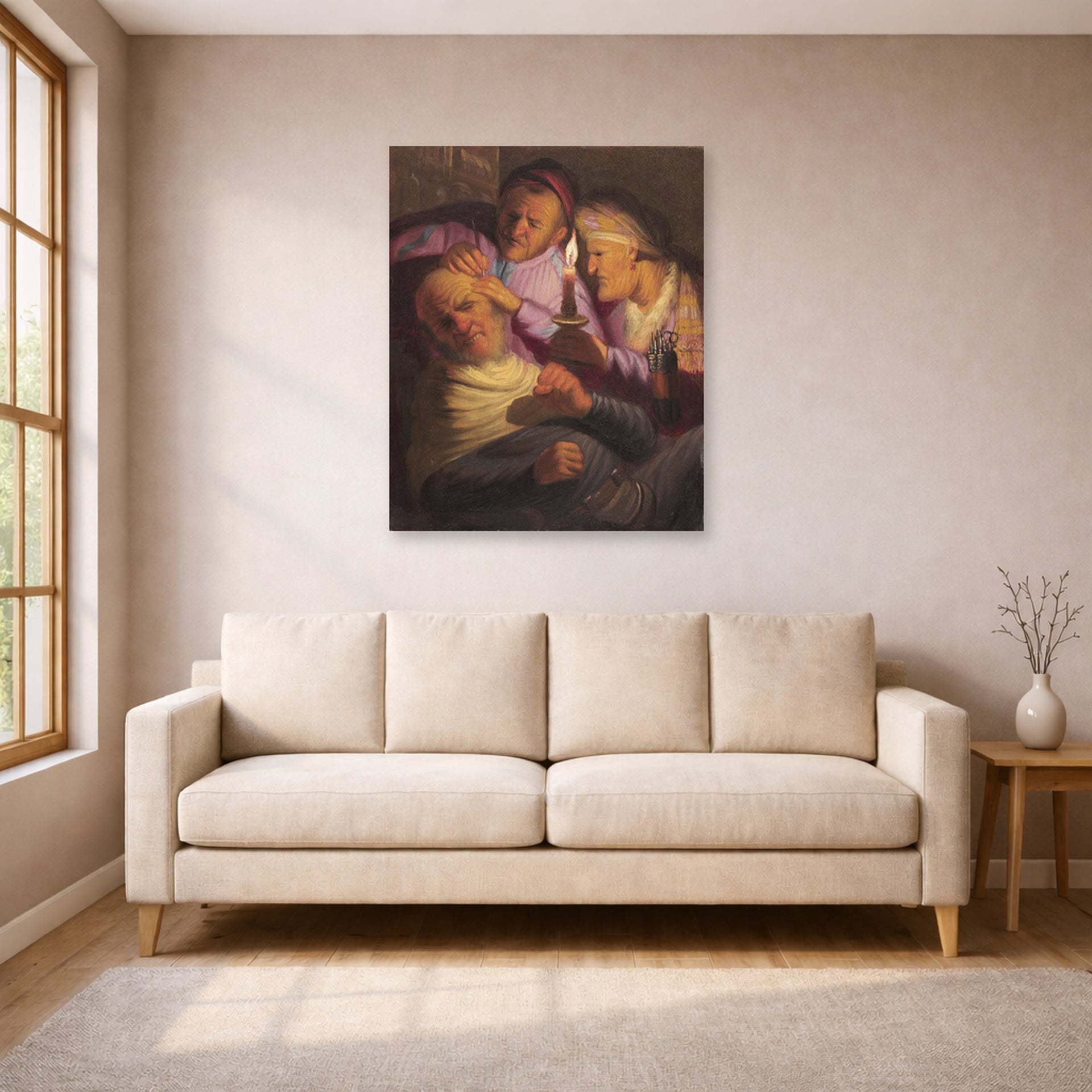 Unframed poster print of Rembrandt's The Stone Operation (allegory of Touch) displayed on a wall in a living room
