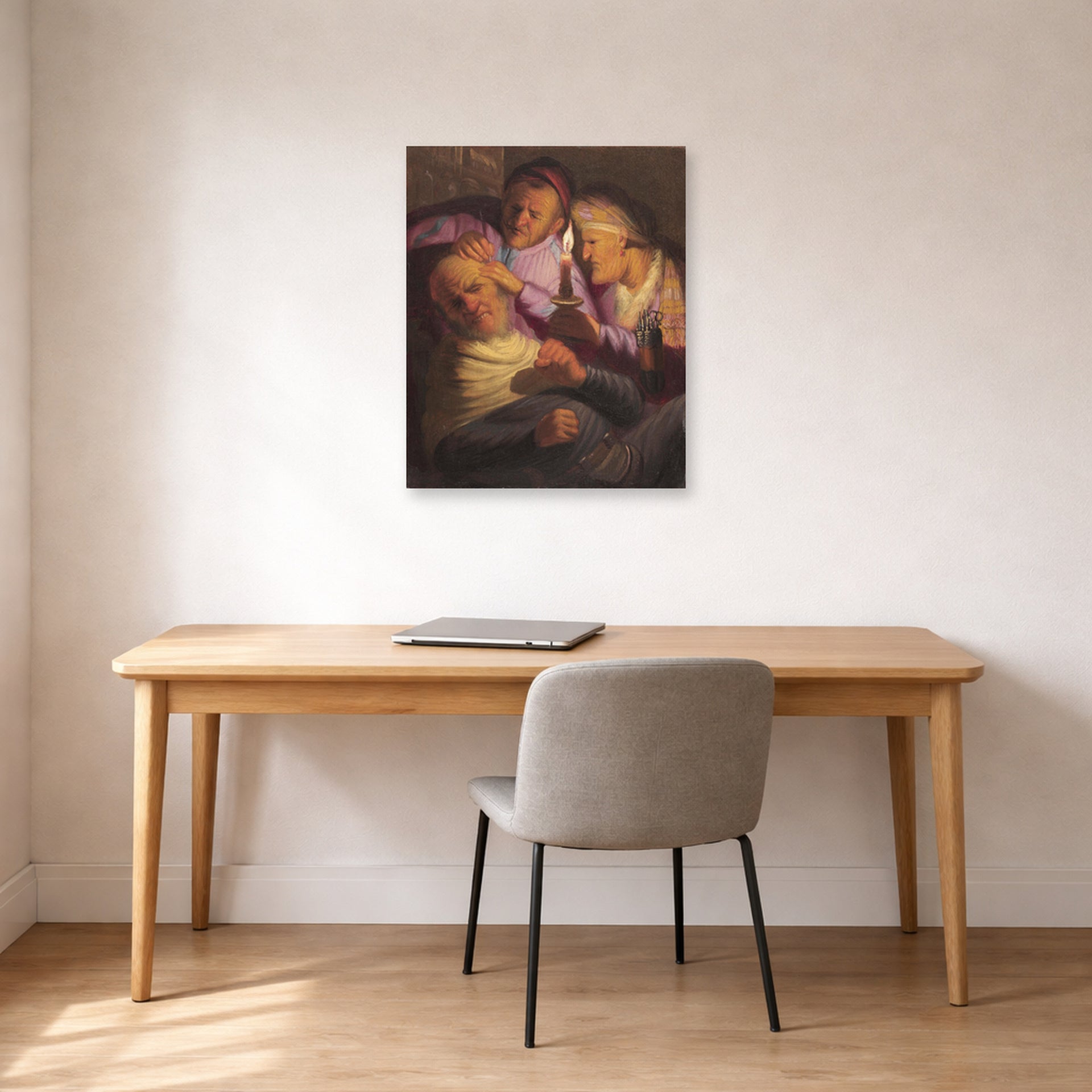 Unframed poster print of Rembrandt's The Stone Operation (allegory of Touch) displayed on a wall in an office