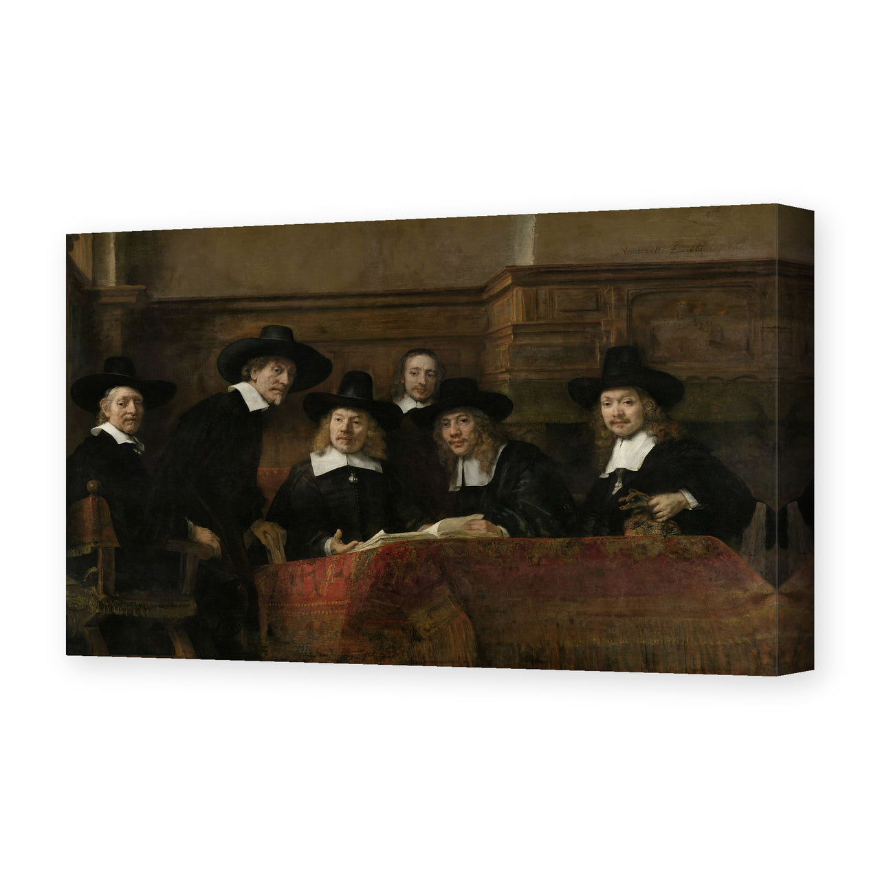 Rembrandt's 'The Syndics of the Clothmakers Guild' painting reproduced as a gallery-wrapped canvas print