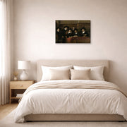 Gallery-wrapped canvas print of Rembrandt's The Syndics of the Clothmakers Guild displayed on a wall in a bedroom