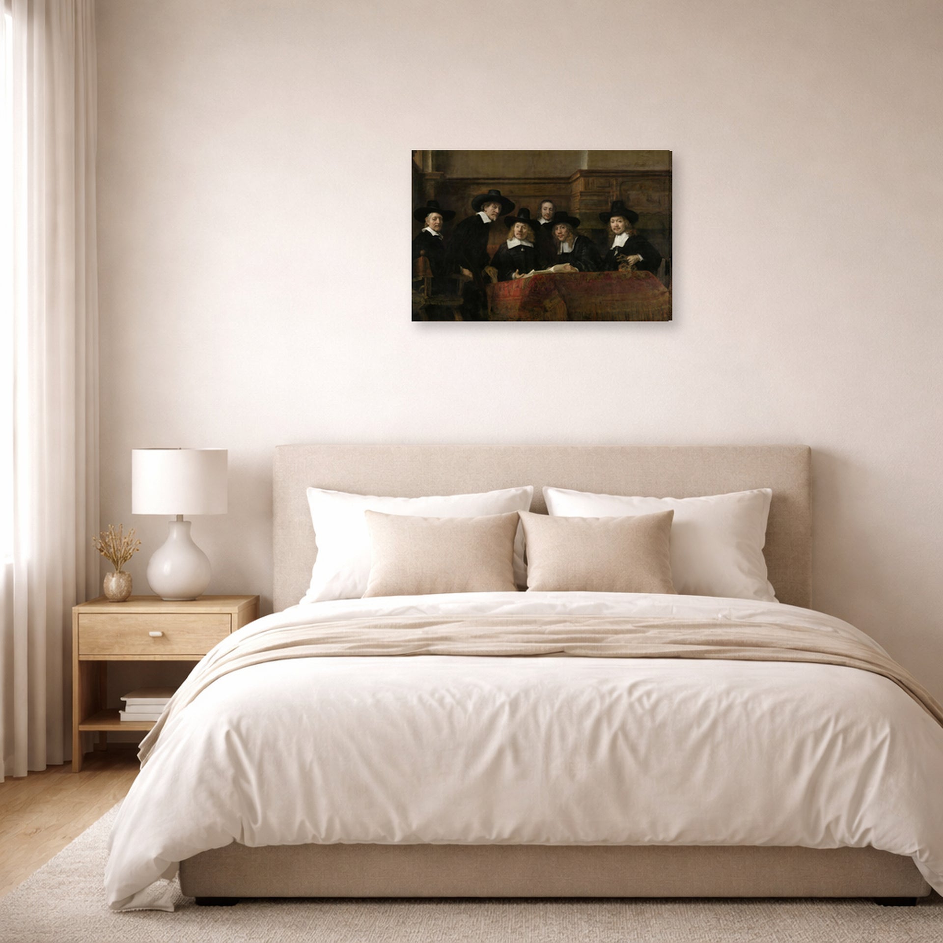 Gallery-wrapped canvas print of Rembrandt's The Syndics of the Clothmakers Guild displayed on a wall in a bedroom