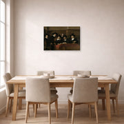 Gallery-wrapped canvas print of Rembrandt's The Syndics of the Clothmakers Guild displayed on a wall in a dining room