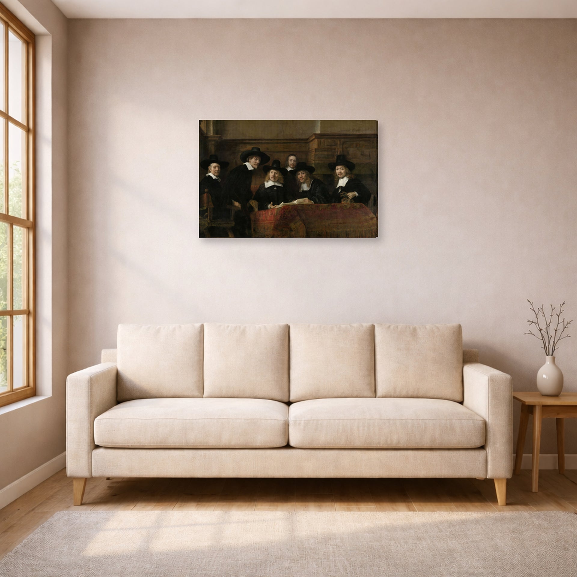 Gallery-wrapped canvas print of Rembrandt's The Syndics of the Clothmakers Guild displayed on a wall in a living room