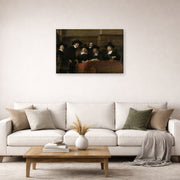 Gallery-wrapped canvas print of Rembrandt's The Syndics of the Clothmakers Guild displayed on a wall in a living room